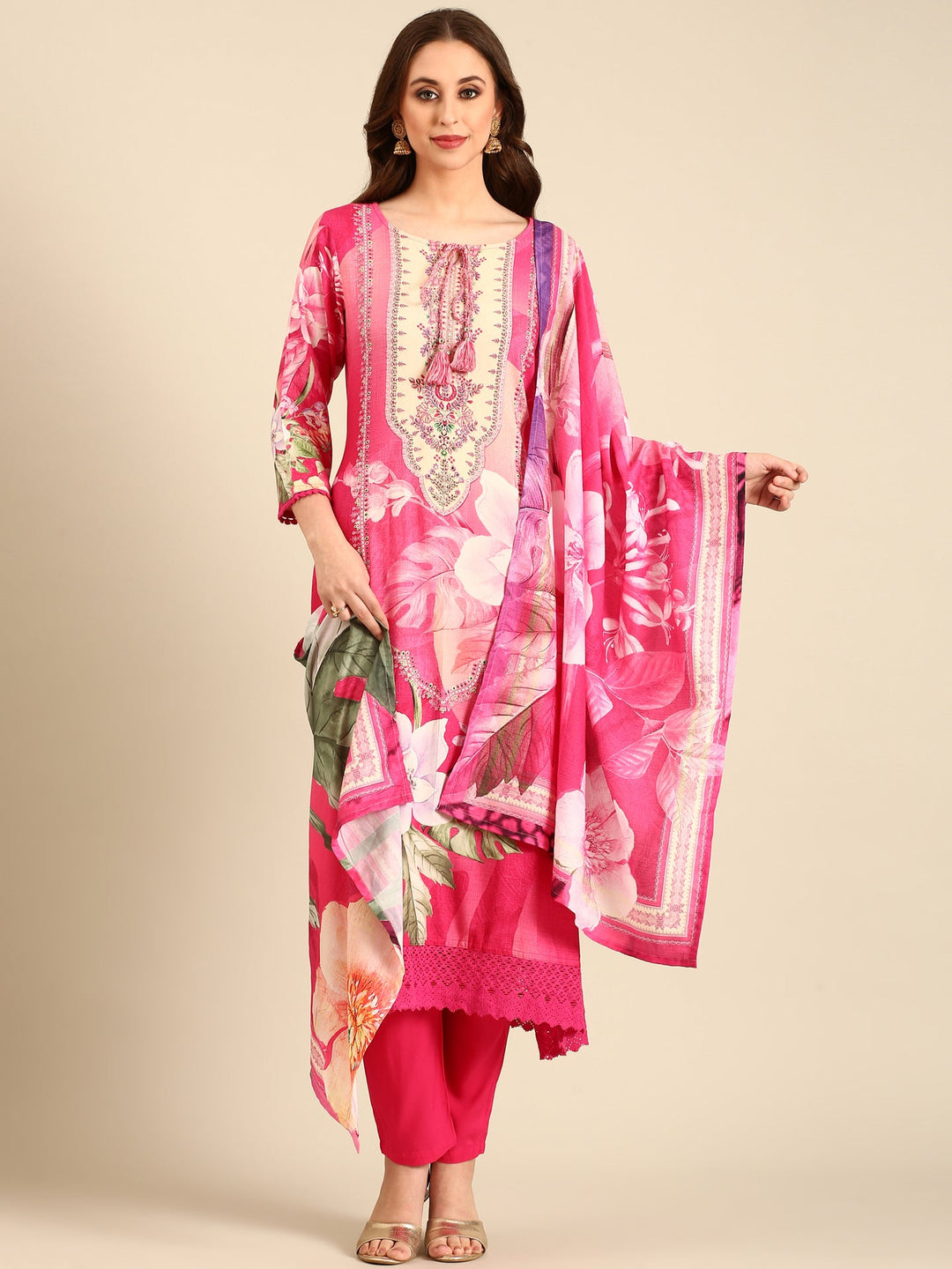Neerus Pink rayon embellished floral suit set - front view