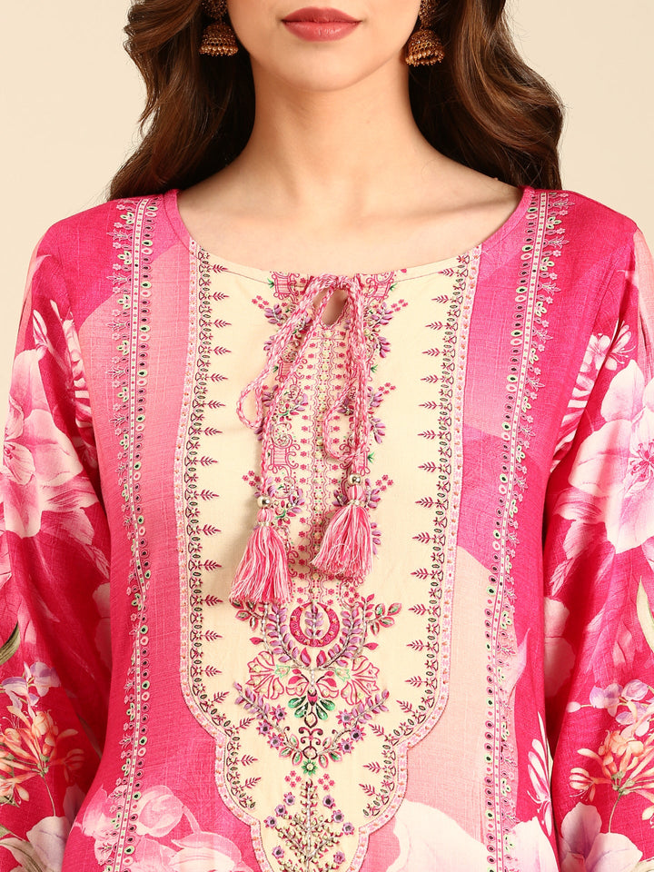 Neerus Pink rayon embellished floral suit set - detail view 1