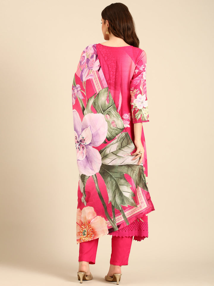 Neerus Pink rayon embellished floral suit set - side view