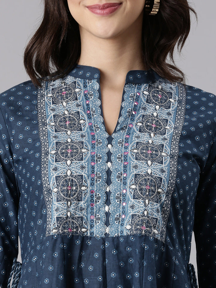 Indigo Cotton Printed Anarkali Three Piece Set