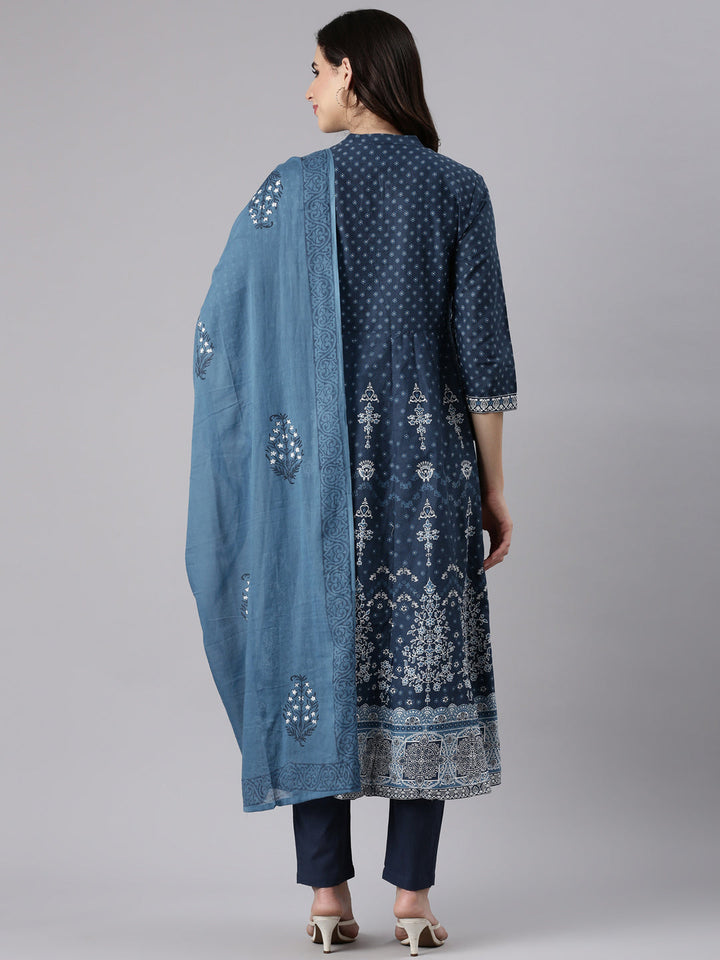 Indigo Cotton Printed Anarkali Three Piece Set