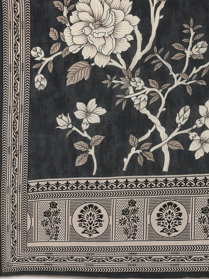 Grey Muslin Floral Printed Three Piece Set