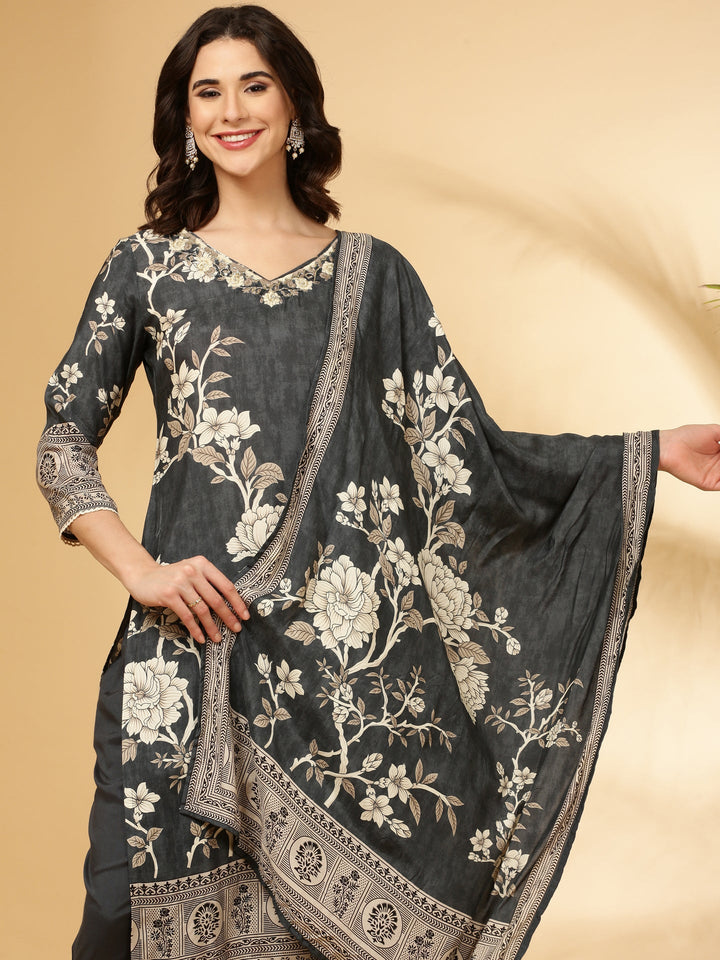 Grey Muslin Floral Printed Three Piece Set
