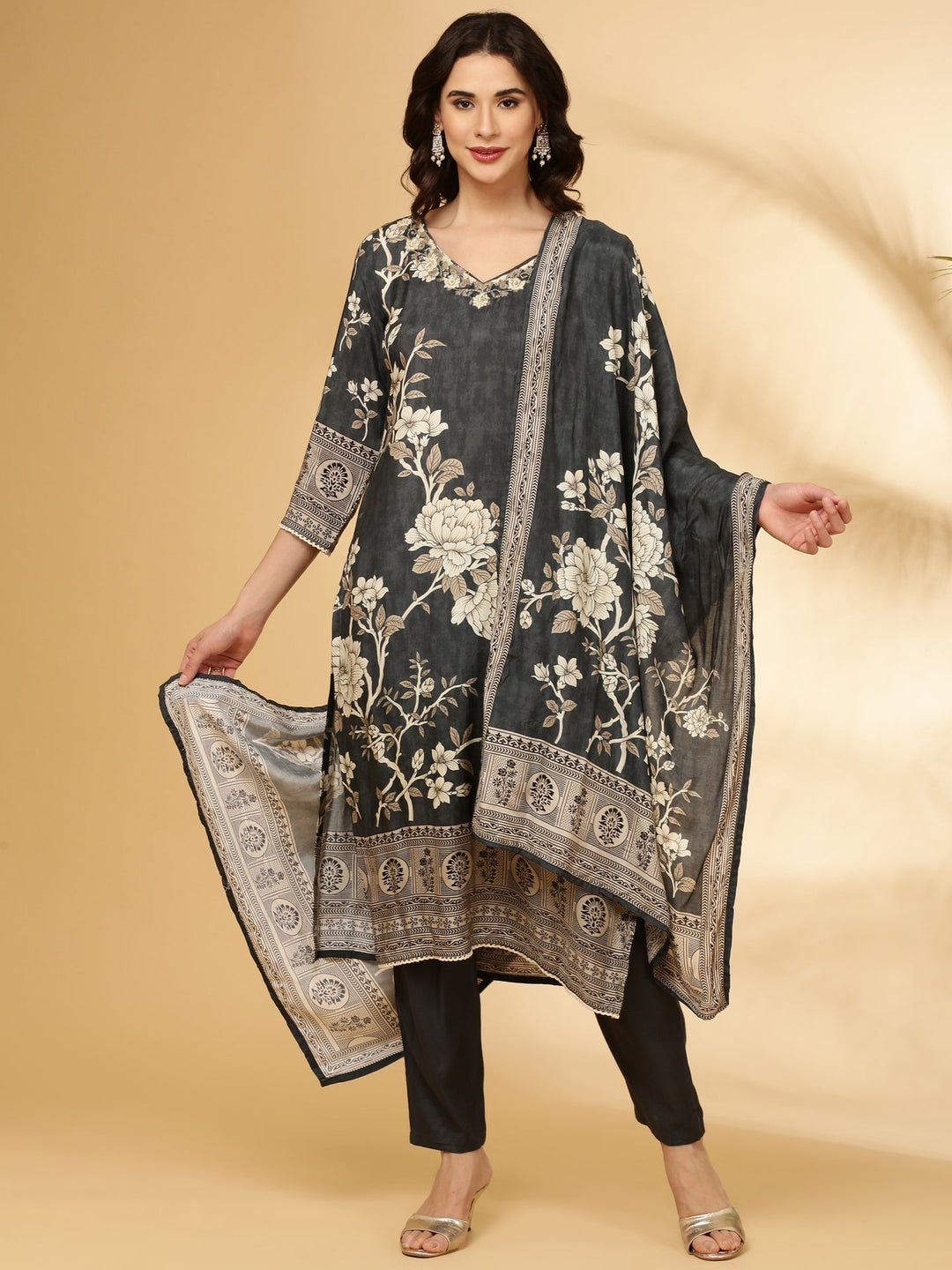 Neerus Grey muslin floral printed suit set - front view