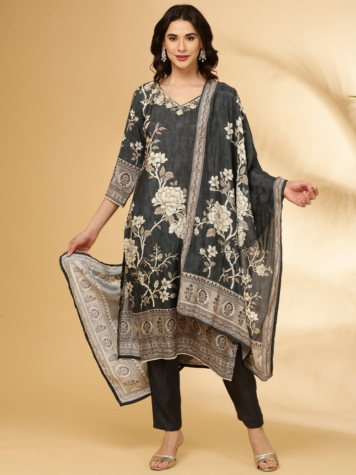 Neerus Grey muslin floral printed suit set - front view