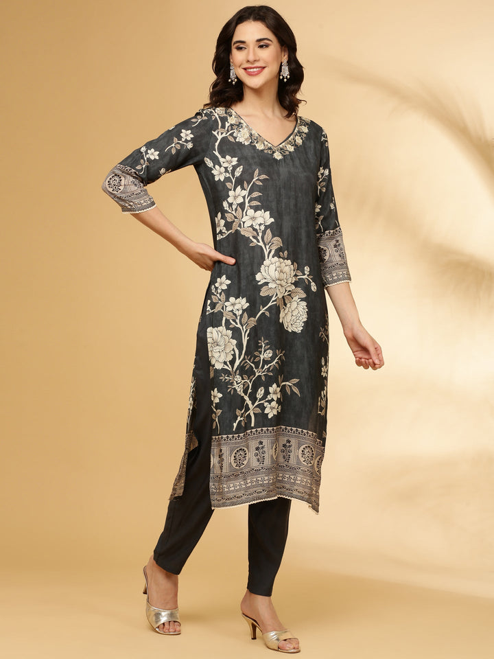 Grey Muslin Floral Printed Three Piece Set