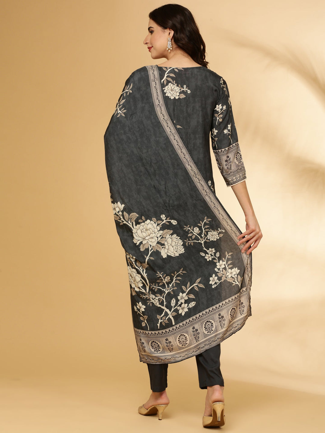 Neerus Grey muslin floral printed suit set - detail view 1