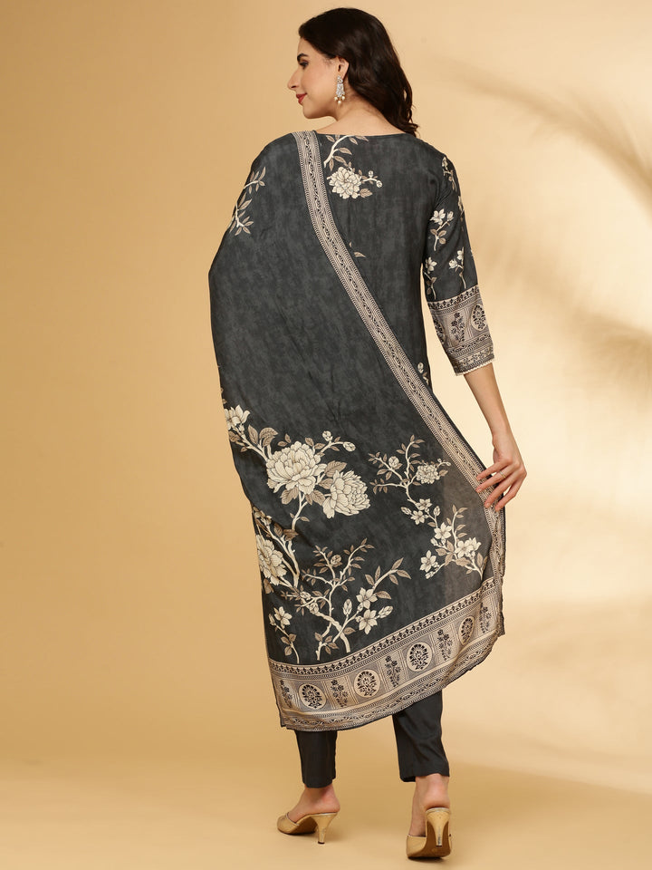 Neerus Grey muslin floral printed suit set - detail view 1