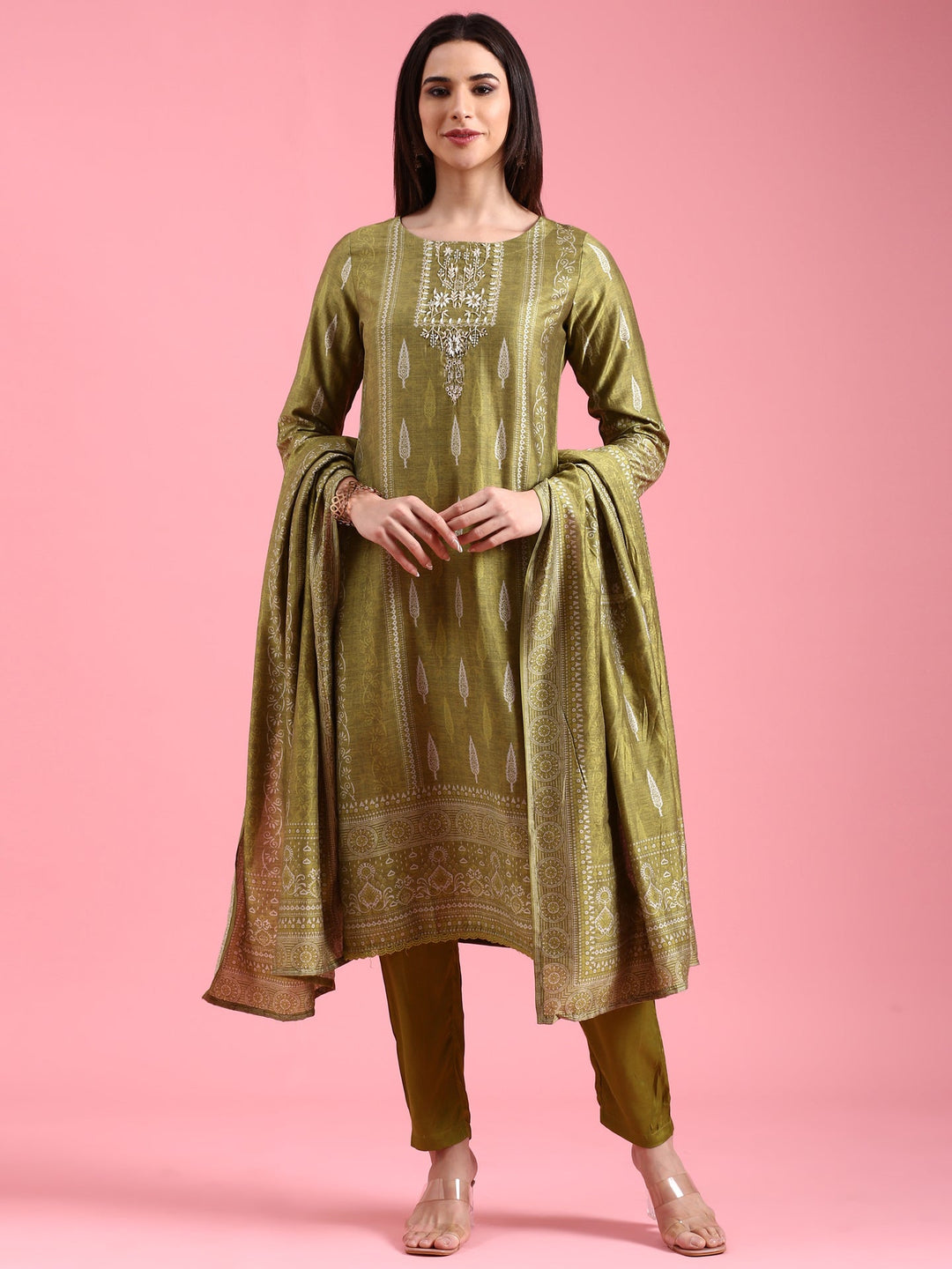 Neerus Green organza embroidered suit set - back view