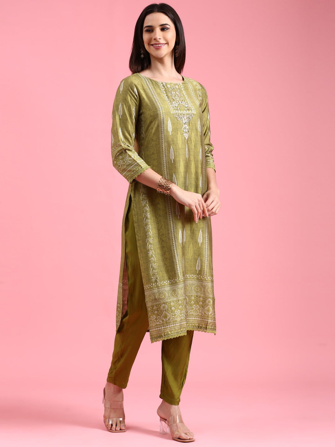 Neerus Green organza embroidered suit set - side view