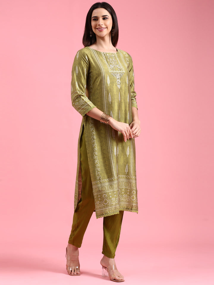 Neerus Green organza embroidered suit set - side view