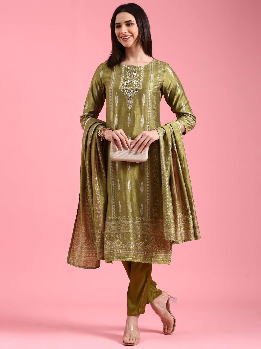 Neerus Green organza embroidered suit set - front view