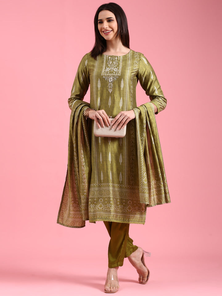 Neerus Green organza embroidered suit set - front view