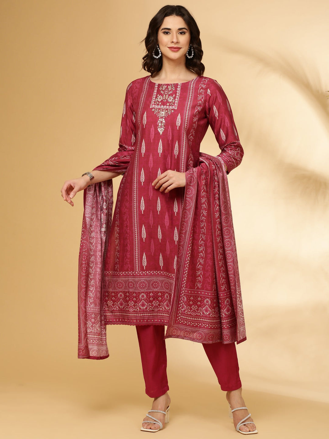Neerus Maroon modal printed suit set - back view