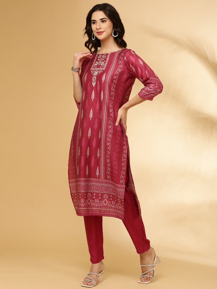 Neerus Maroon modal printed suit set - side view
