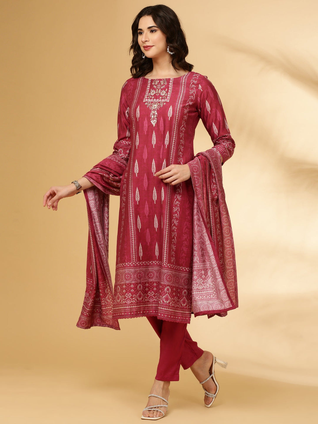Neerus Maroon modal printed suit set - front view