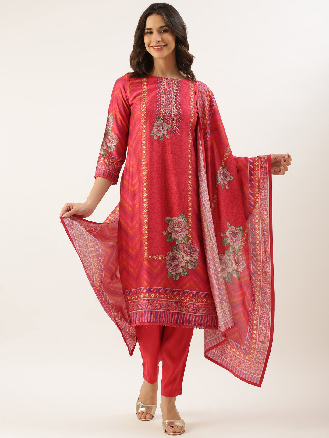 Neerus Pink modal printed suit set - front view