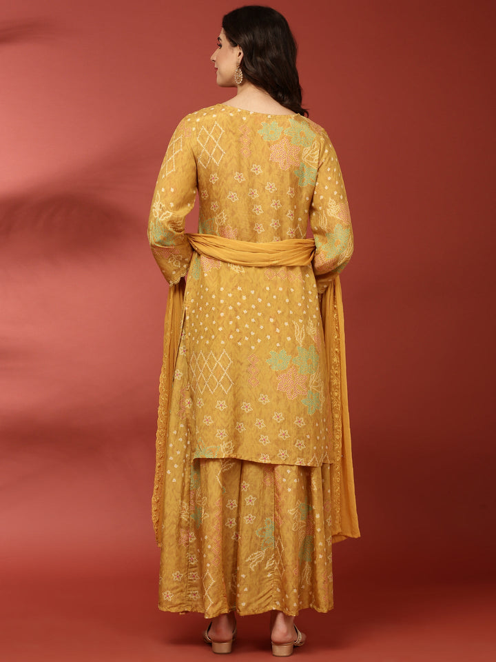 Mustard Crepe Printed Three Piece Set