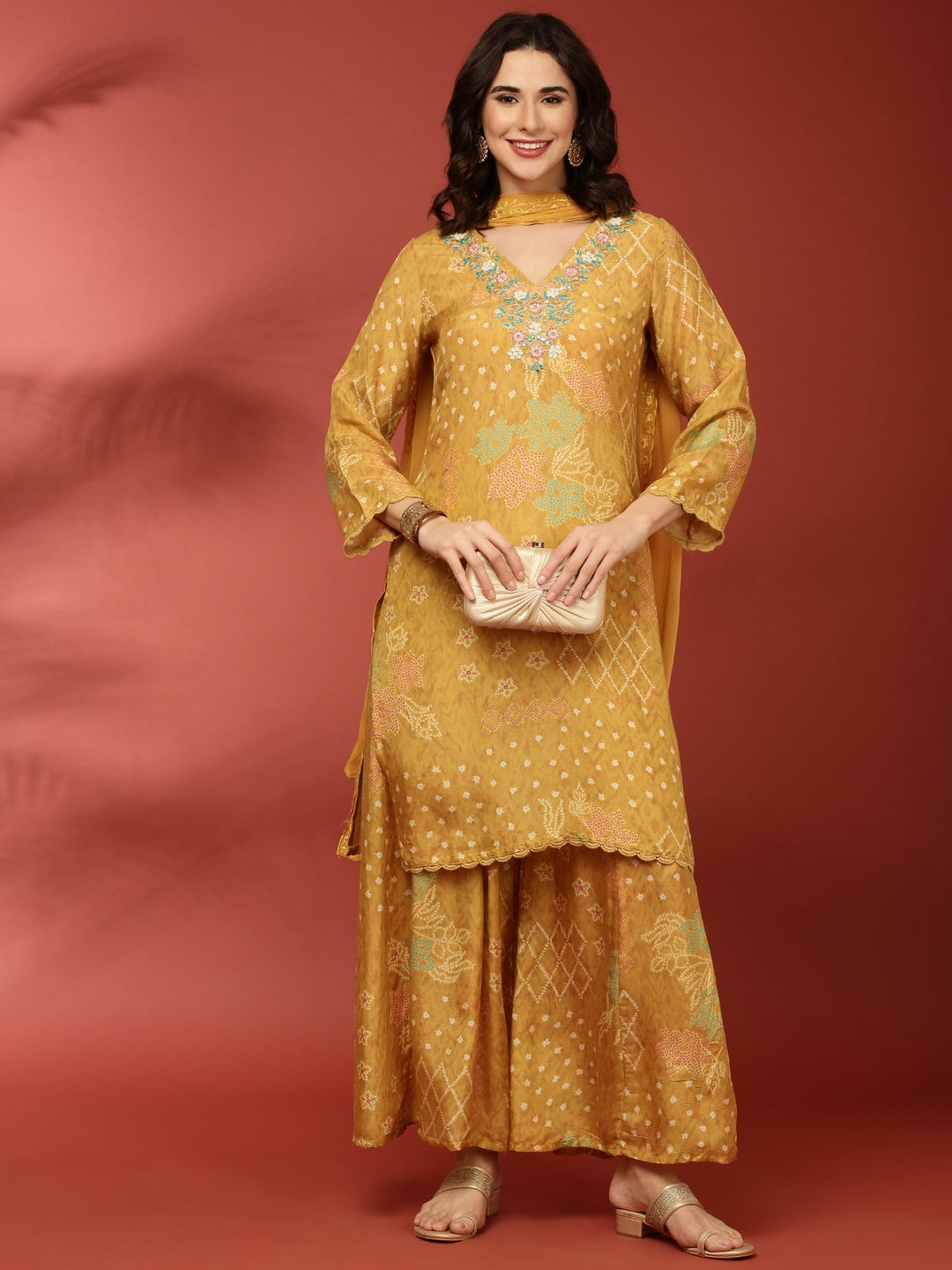Neerus Yellow crepe printed suit set - front view