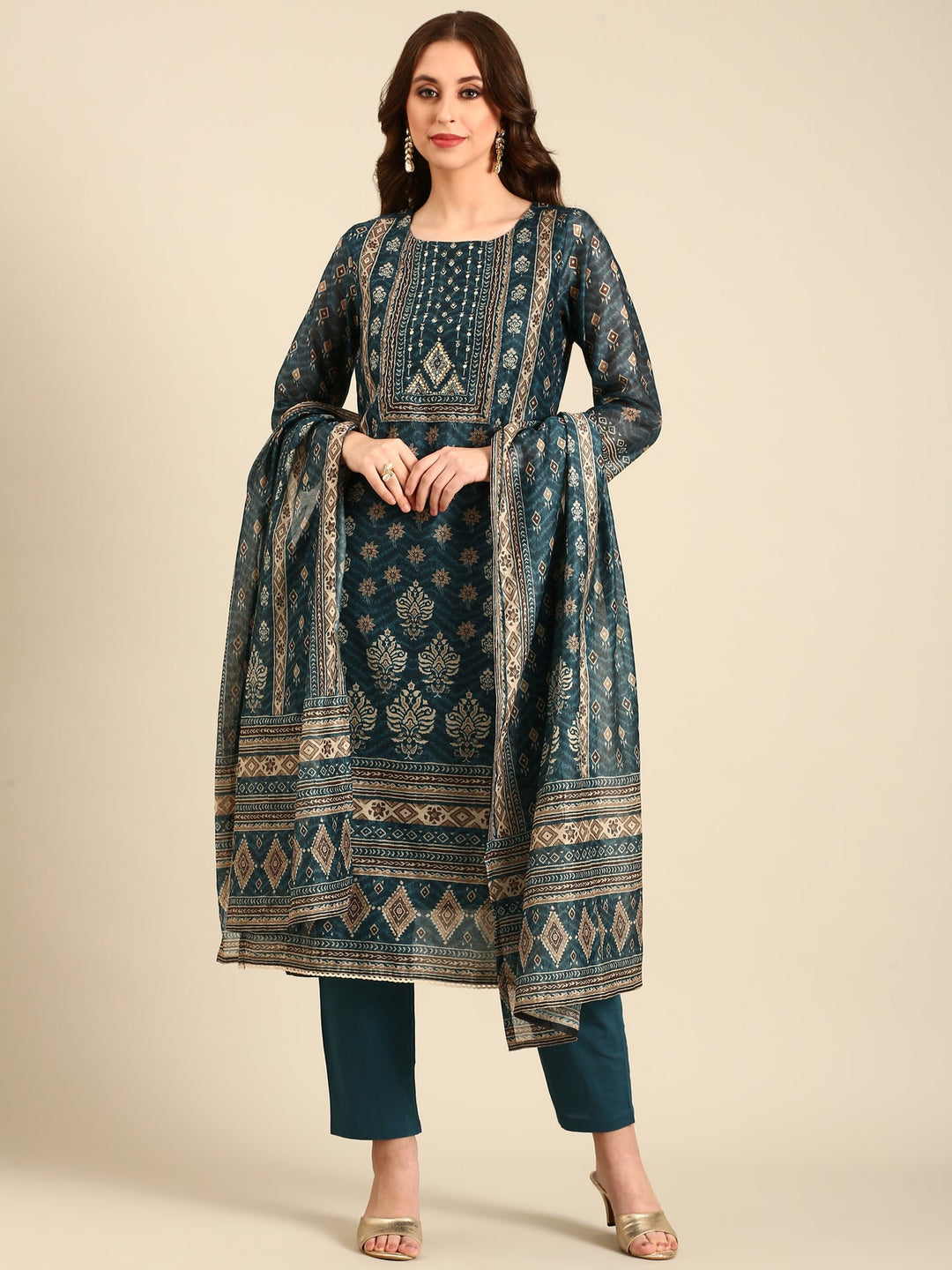 Neerus Green organza printed suit set - front view