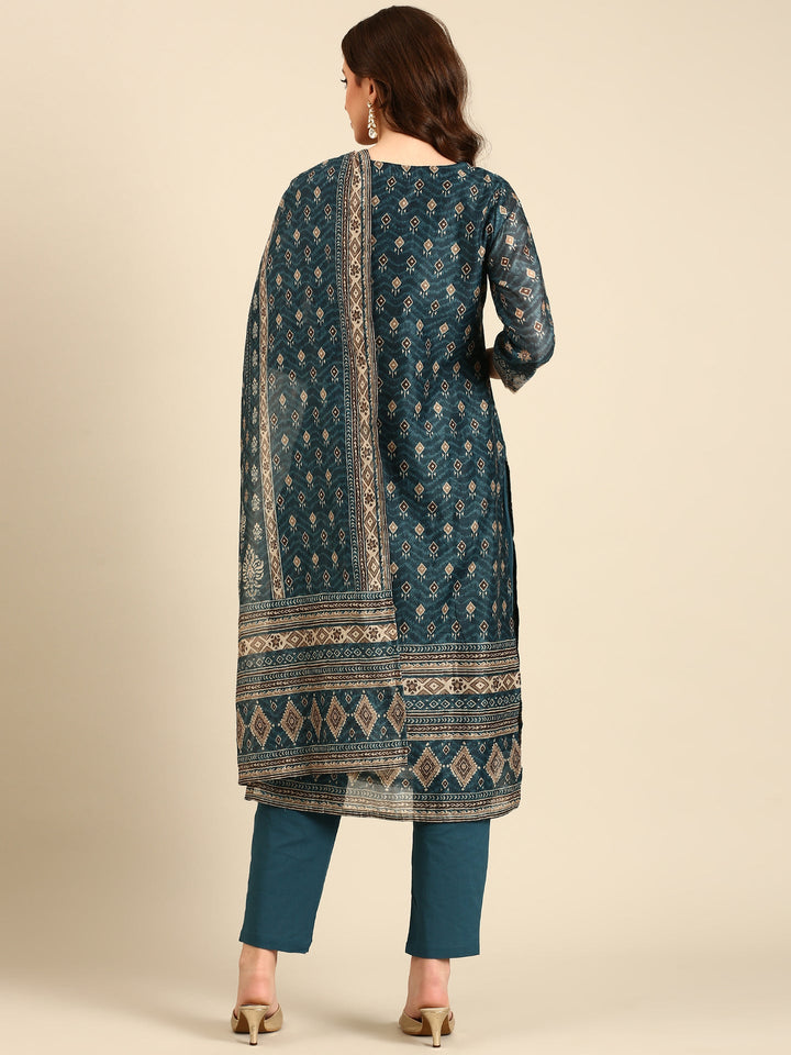 Teal printed three piece suit set
