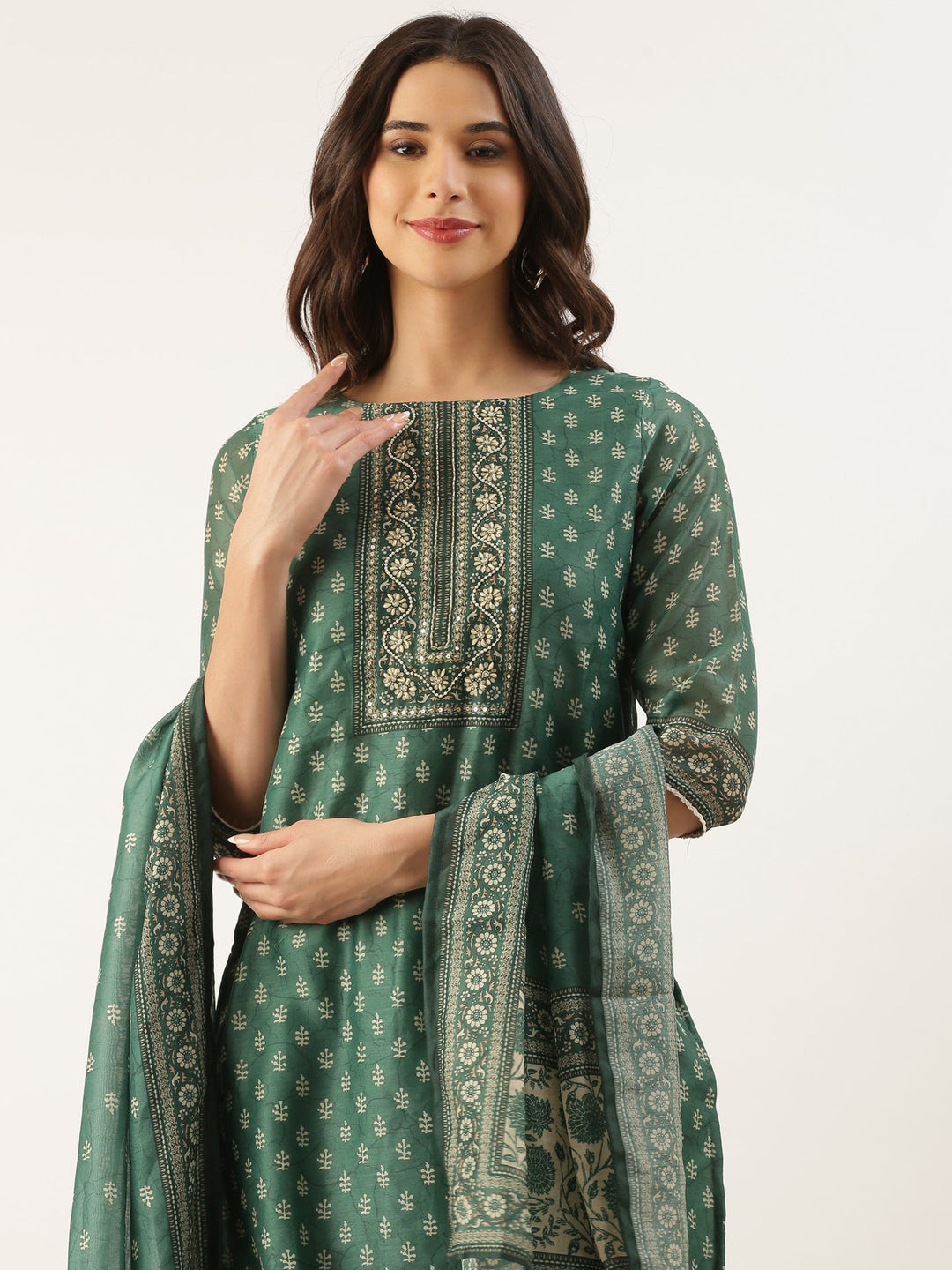 Neerus Green organza printed suit set - detail view 3
