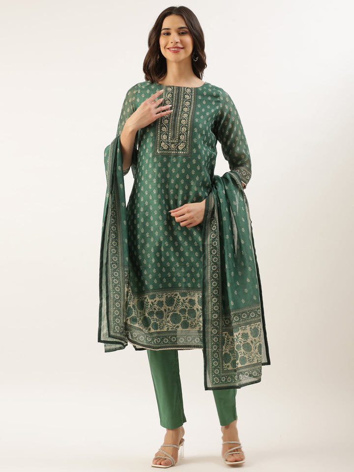 Neerus Green organza printed suit set - back view
