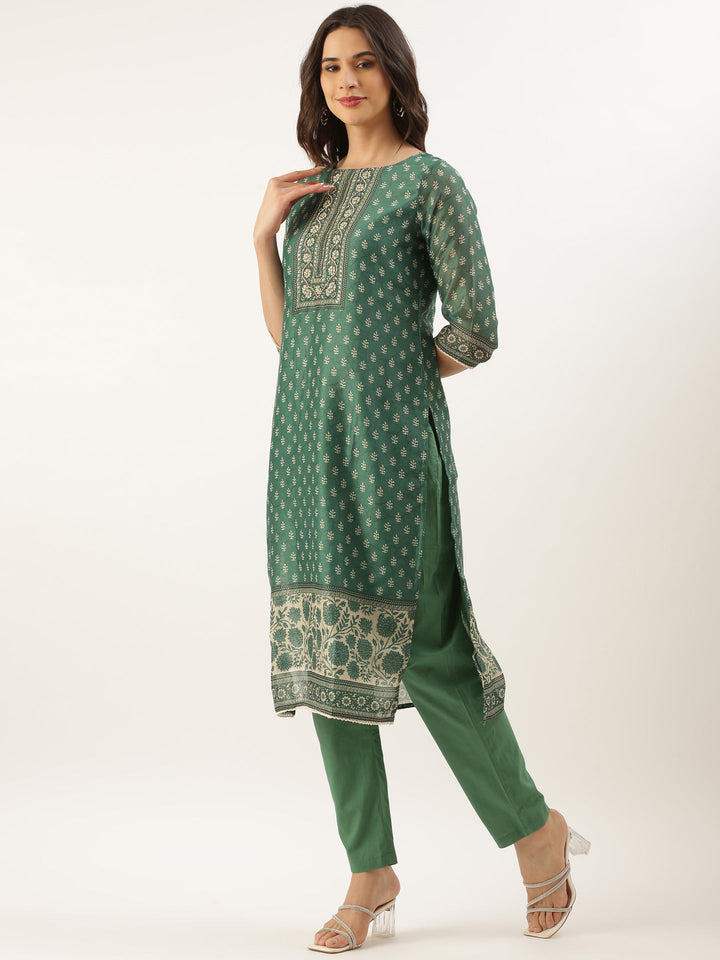 Neerus Green organza printed suit set - side view