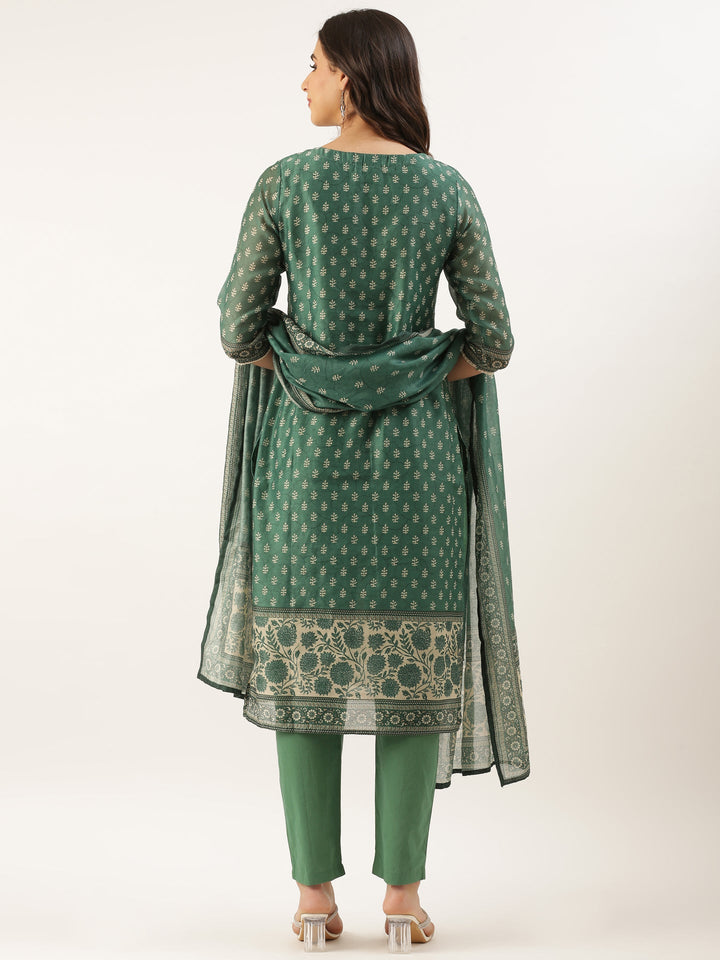 Neerus Green organza printed suit set - detail view 1