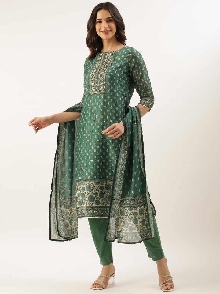 Neerus Green organza printed suit set - front view