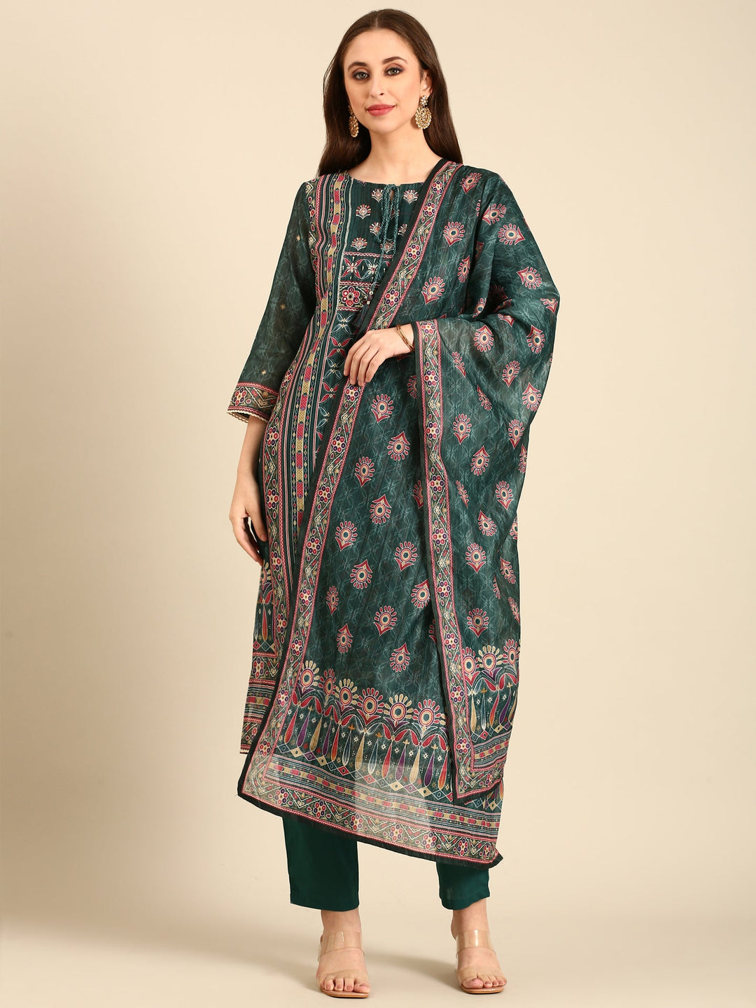 Neerus Green Organza Embellished Suit Set - front view