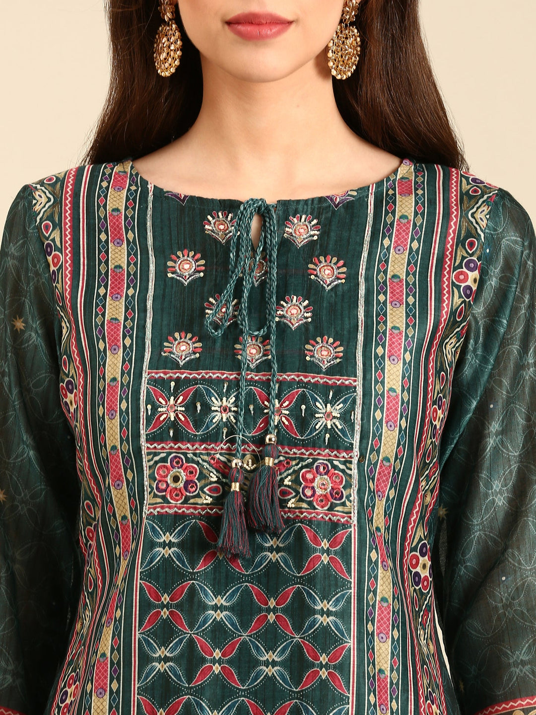 Neerus Green Organza Embellished Suit Set - detail view 1