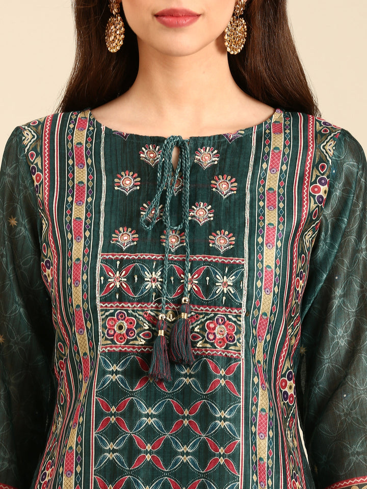 Bottle Green Suit set with Organza duppatta