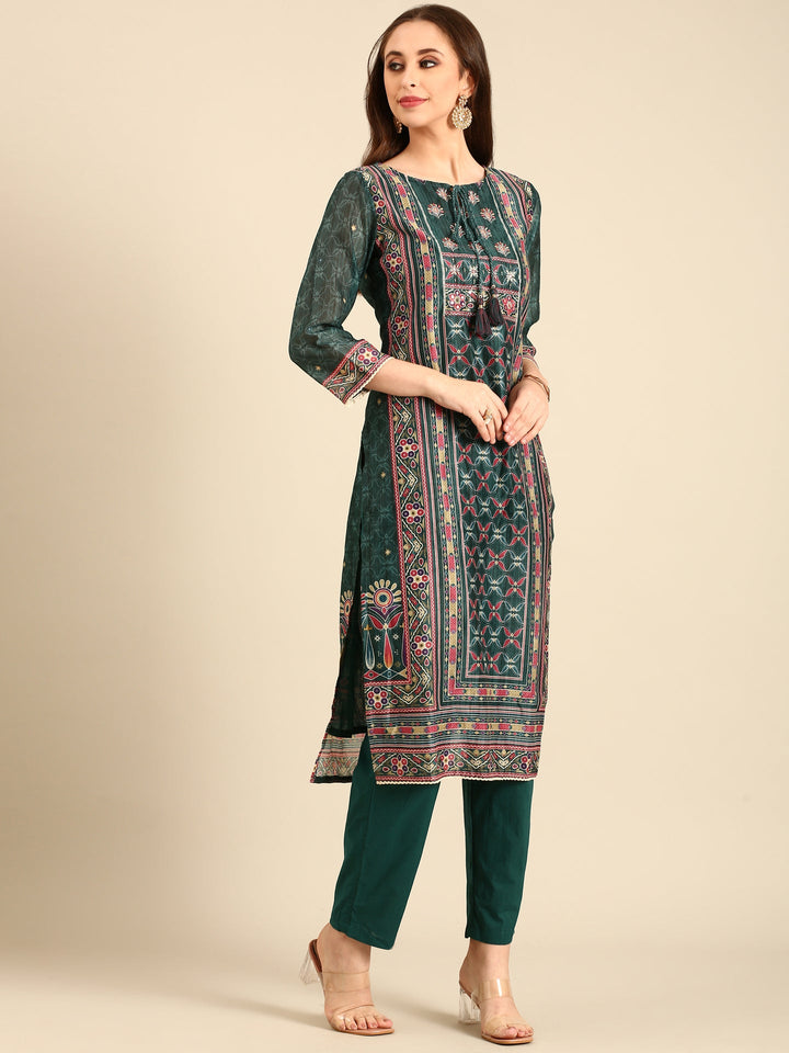Neerus Green Organza Embellished Suit Set - back view