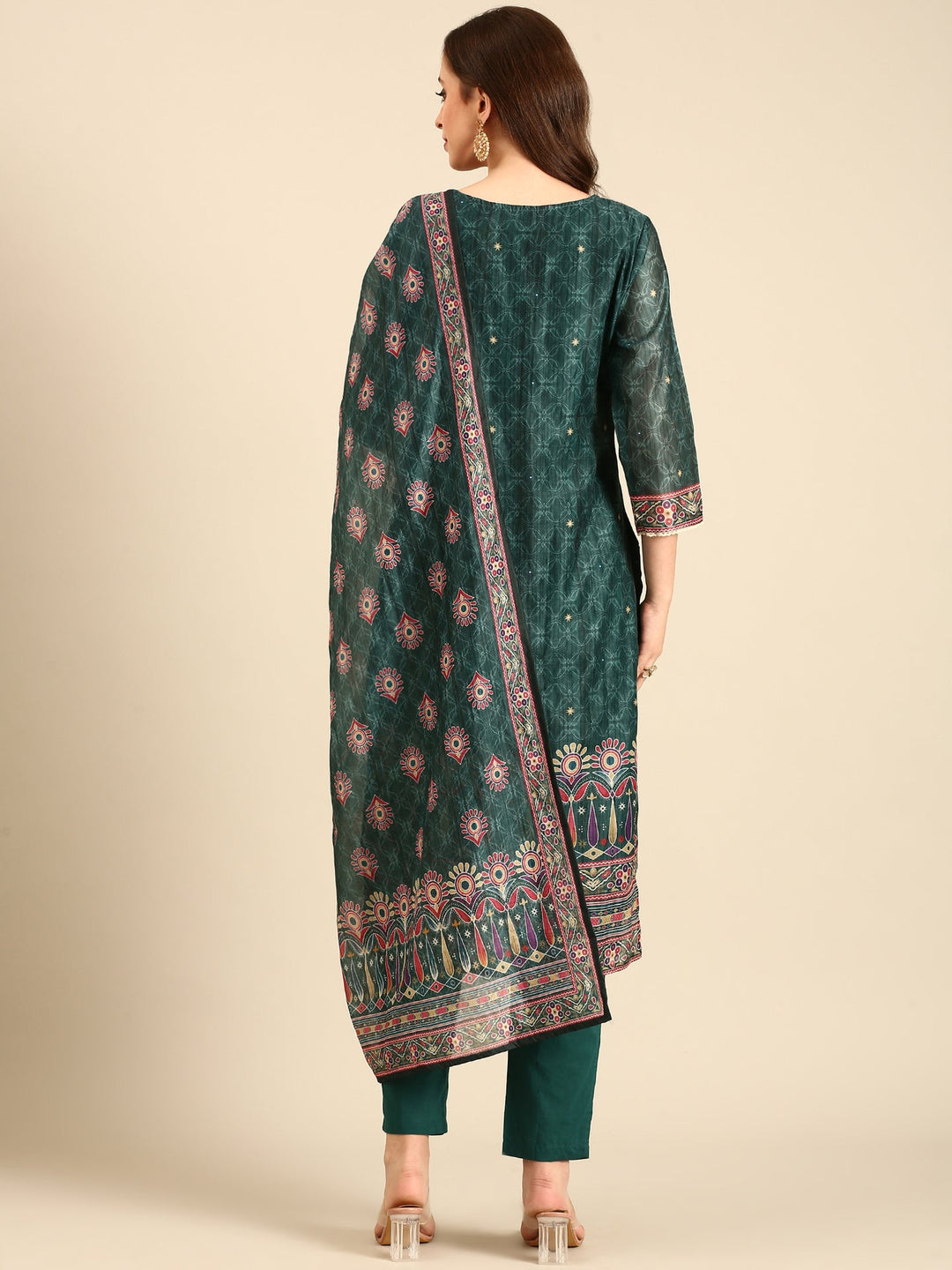 Neerus Green Organza Embellished Suit Set - side view