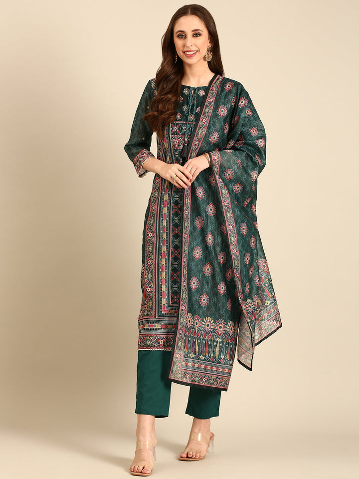 Bottle Green Suit set with Organza duppatta