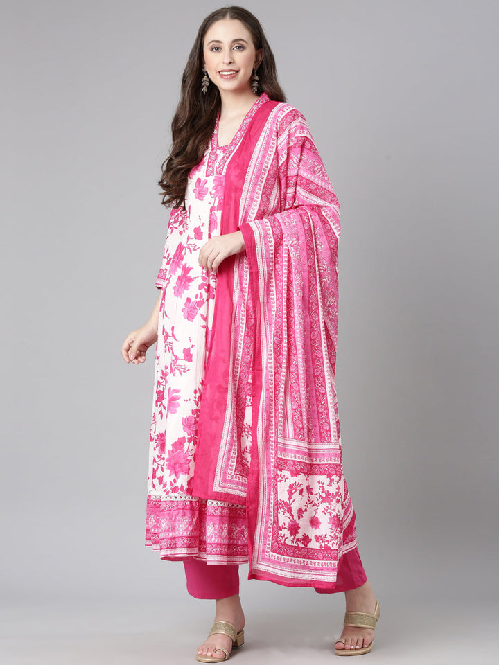 Neerus Pink Solid Anarkali Kurta and Trousers With Dupatta