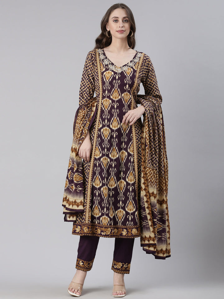 Neerus Purple Printed Straight Kurta and Trousers With Dupatta