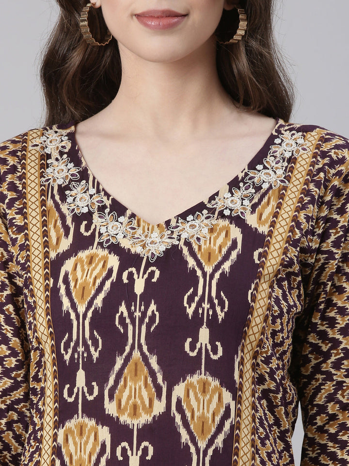 Neerus Purple Printed Straight Kurta and Trousers With Dupatta