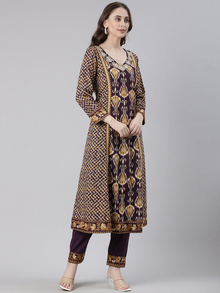 Neerus Purple Printed Straight Kurta and Trousers With Dupatta