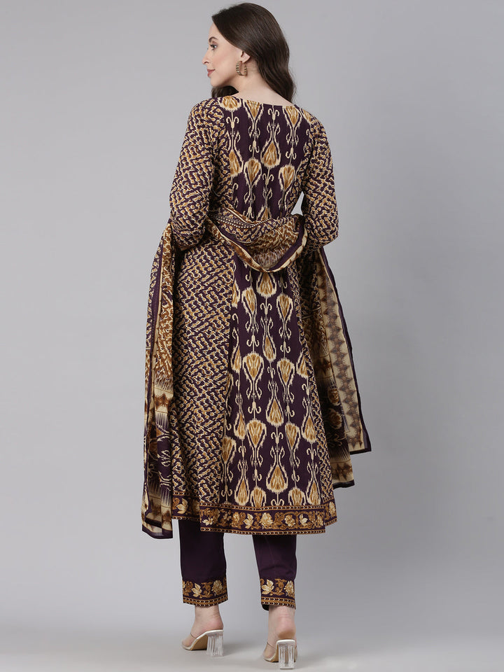 Neerus Purple Printed Straight Kurta and Trousers With Dupatta