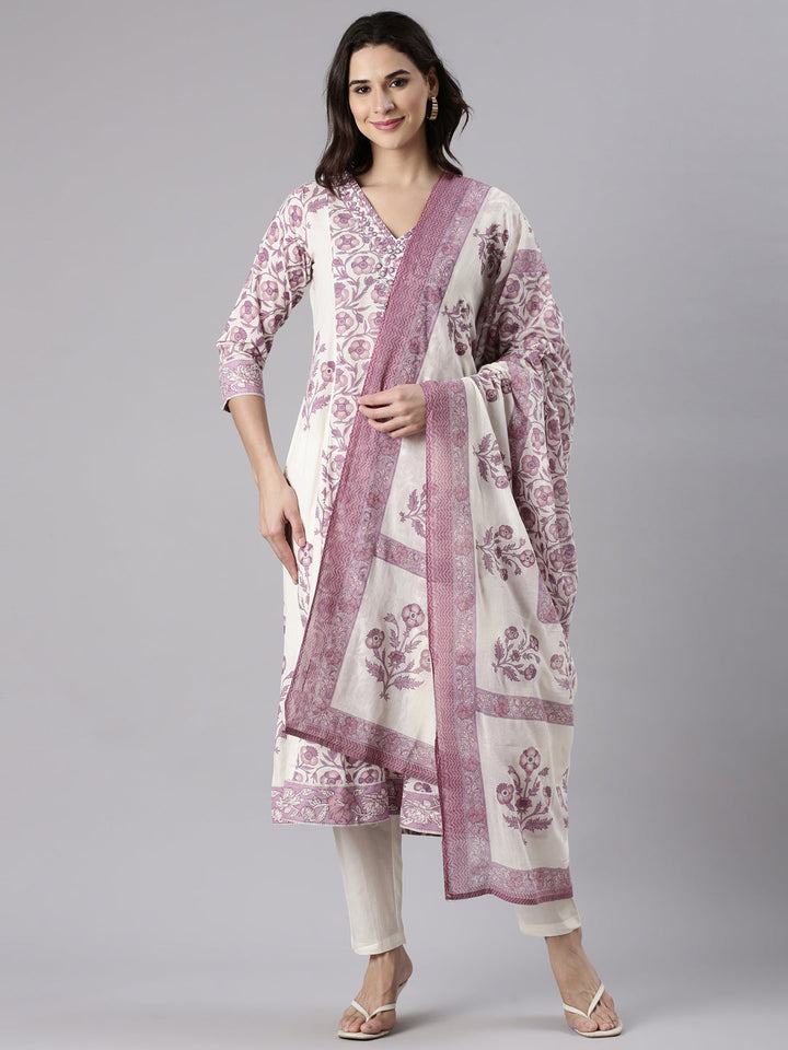 Purple Cotton Printed Anarkali Three Piece Set