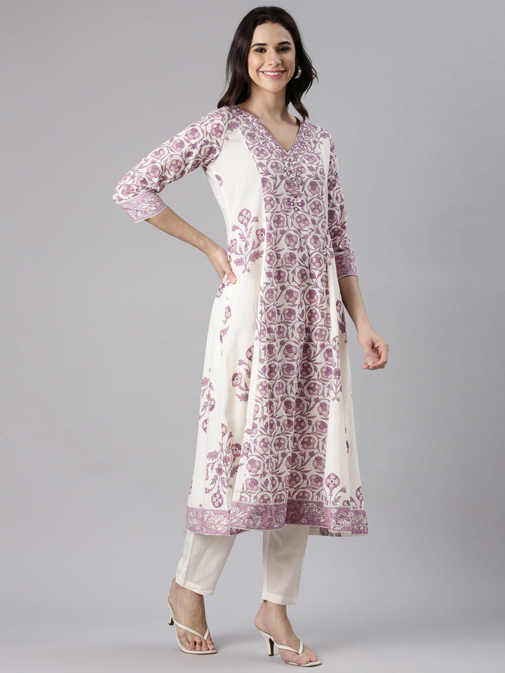 Purple Cotton Printed Anarkali Three Piece Set