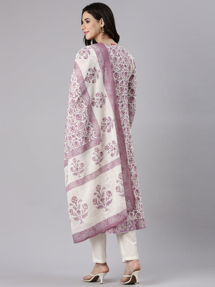 Purple Cotton Printed Anarkali Three Piece Set