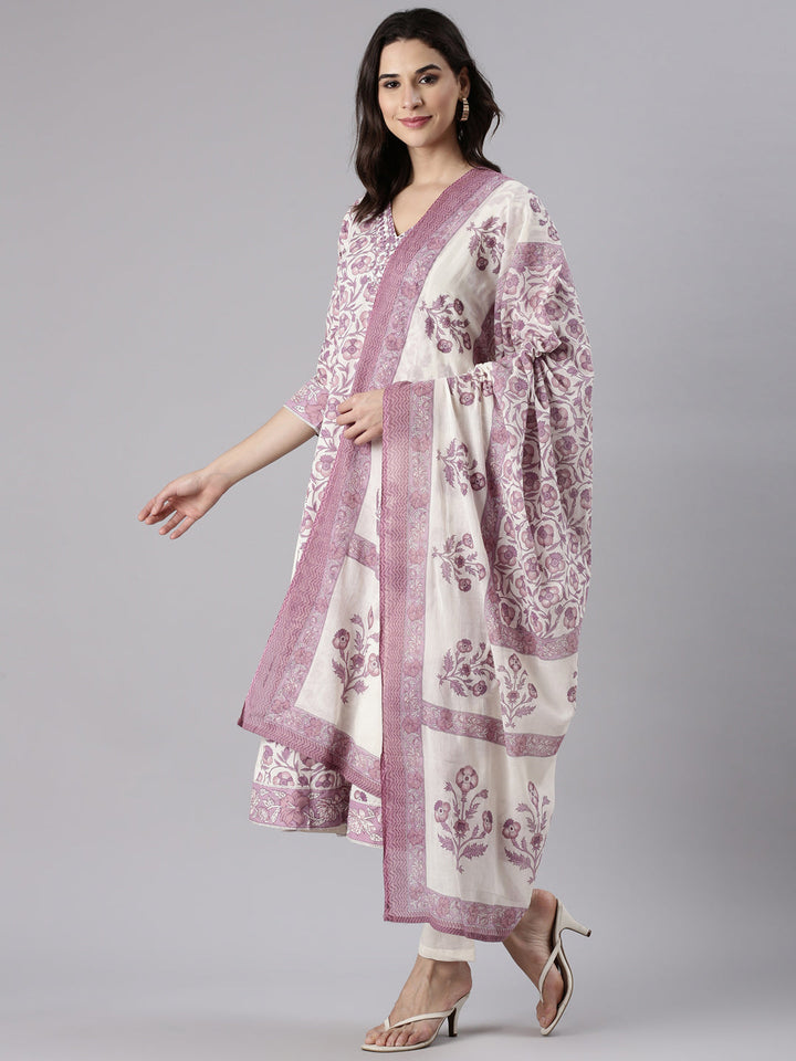 Purple Cotton Printed Anarkali Three Piece Set