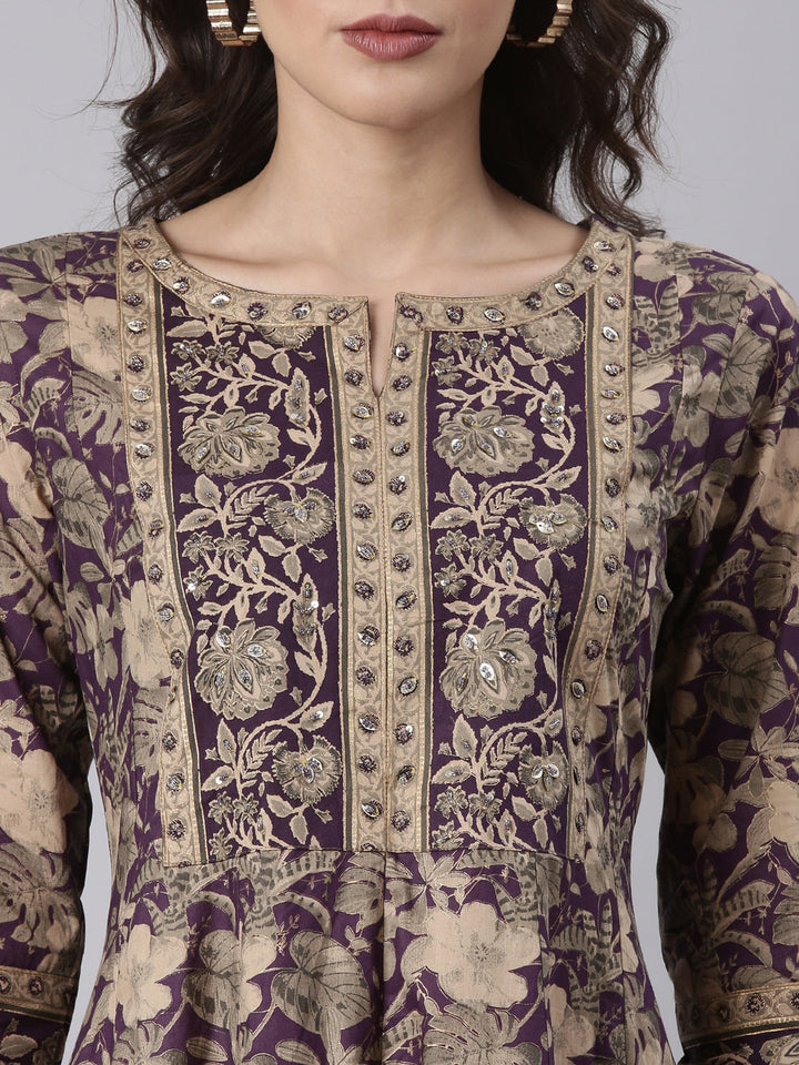 Purple Cotton Printed Anarkali Three Piece Set