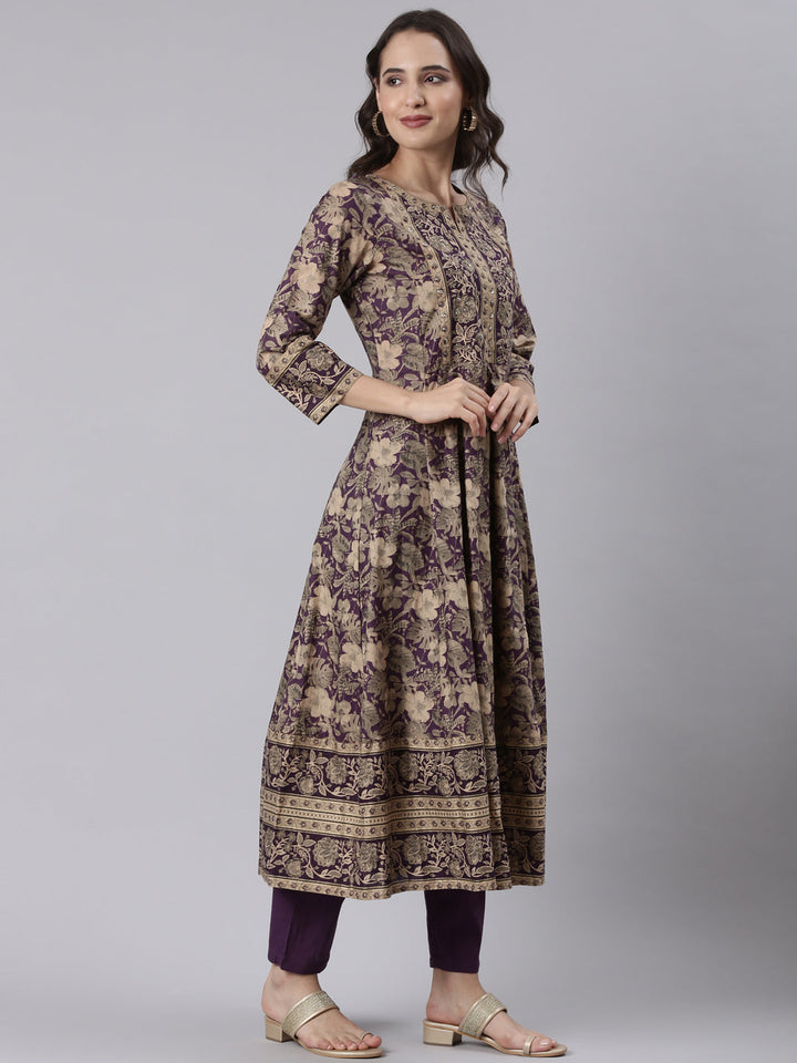 Purple Cotton Printed Anarkali Three Piece Set