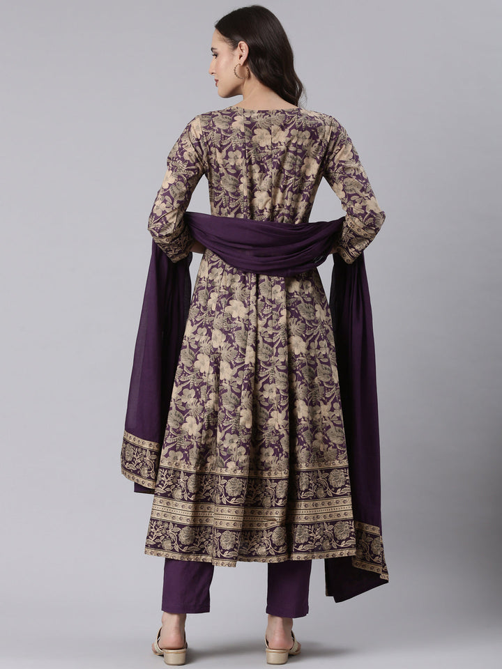 Purple Cotton Printed Anarkali Three Piece Set