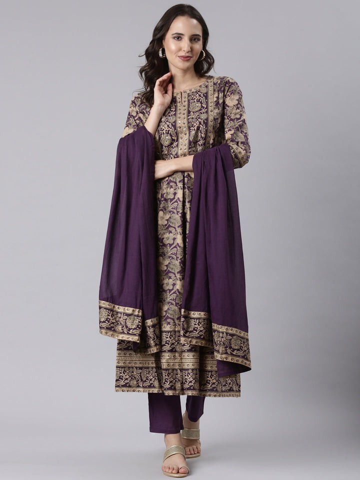 Purple Cotton Printed Anarkali Three Piece Set