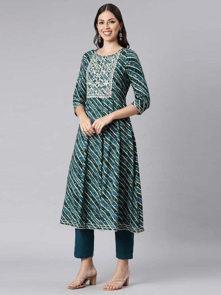 Neerus Green Printed Anarkali Kurta and Trousers With Dupatta